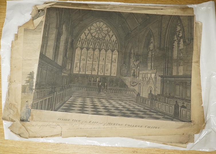 A collection of 18th and 19th century prints, etchings and engravings to include: some examples after J M W Turner, ‘Inside view of the east end of Merton College Chapel’ and ‘View of the Cathedral of Christchurch, part